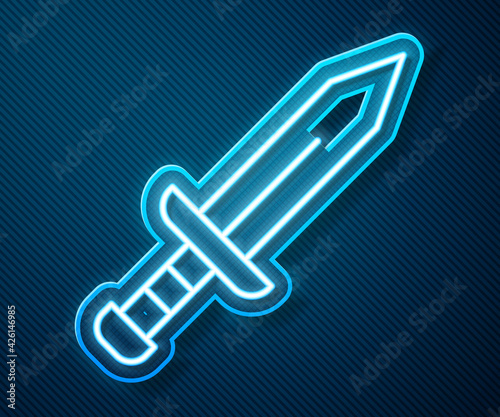 Glowing neon line Sword icon isolated on blue background. Medieval weapon. Vector