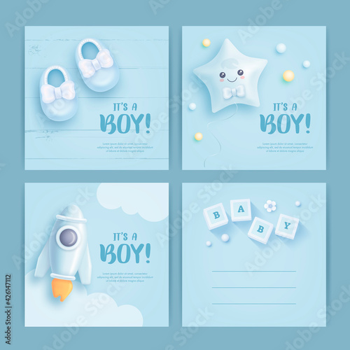 Set of baby shower invitation with cartoon rocket, shoes, toys and flowers on blue background. It's a boy. Vector illustration
