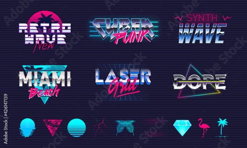 Set of 6 Retro neon logo templates and 10 trendy elements to create your own design. Print for t-shirt, typography. Trendy retro 80's design for logo, label, banner, poster. Vector illustration