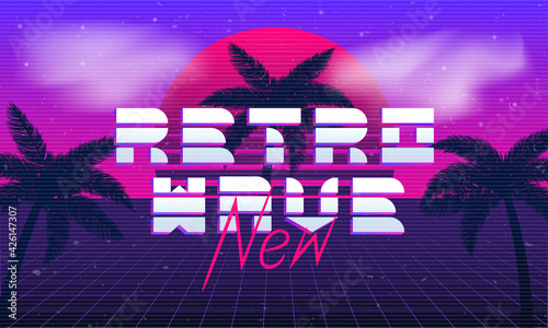 Retro Wave logo. Retro 80's background template. Retro sunset with laser grid and palm trees. Synthwave background. 1980's trendy style. Template for banner, poster, invitation, Vector illustration