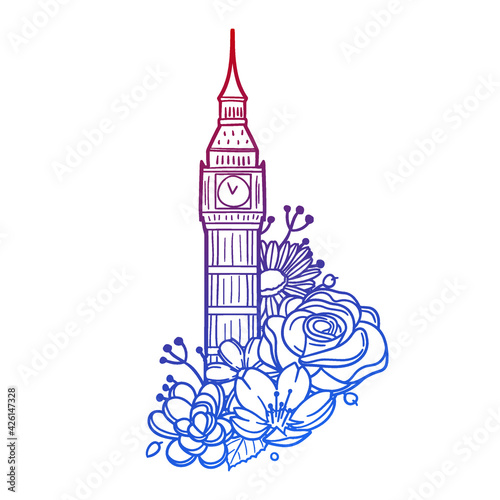Big Ben Rose Flower with Vintage London England Design. Clock Tower Floral frame ornament vector style. Decoration Design Wreat illustration.