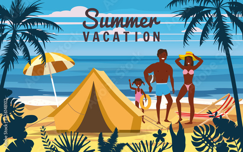 Tourist tent camping on the tropical beach, palms. Summer vacation, happy family, coastline beach sea, ocean, travel