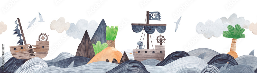 Fototapeta premium Seascape with an island and pirate ships. Watercolor horizontal border. Seamless pattern.