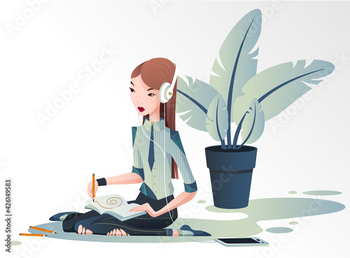 Młoda dziewczyna siedzi na podłodze i projektuje  w dużych białych słuchawka na uszach. Kobieta rysuje słuchając muzyki. Wektorowa ilustracja.