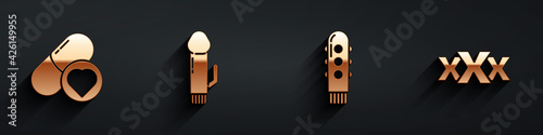 Set Pills for potency, aphrodisiac, Dildo vibrator, Dildo vibrator and Sex shop icon with long shadow. Vector