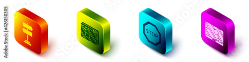 Set Isometric Road traffic sign, Infographic of city map navigation, Stop sign and City map navigation icon. Vector