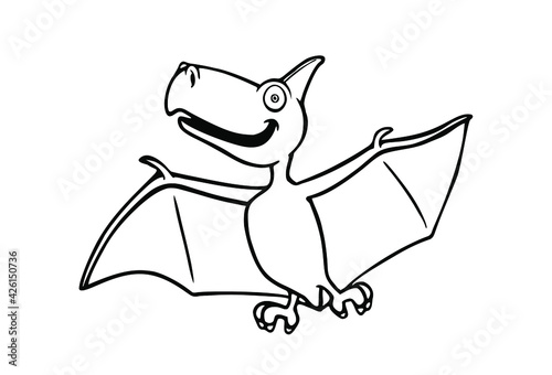 Vector cartoon silhouette outline black line art drawing of a fun baby dino pterodactyl dinosaur with wings and horn.Coloring page for children.Plotter cutting.Laser cut.Vinyl wall sticker decal.Print