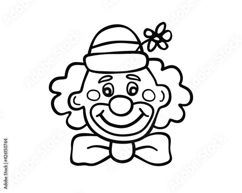 Vector Cartoon Silhouette Outline Black Line Art Drawing of a fun smiling man in makeup clown mask with hat,bow and flower.Circus.Coloring pages for kids.Plotter cutting.Vinyl wall sticker.Laser cut.