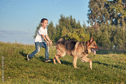 Boy playing in the meadow with a dog © natabook2015