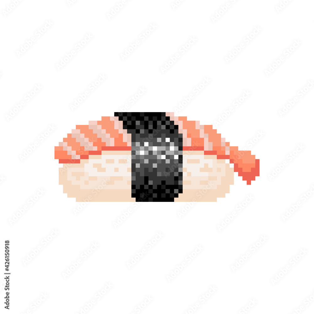 Pixel shrimp sushi icon. Nigiri shrimp sushi in retro gaming pixels style design. Pixel art sushi with shrimp, rice and seaweed nori. Classic japanese food in mosaic pixels. Vector illustration
