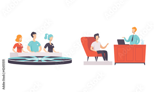 People Taking Part on TV Show Set, Players Answering Questions in TV Quiz, TV Host Interviewing Participant Cartoon Vector Illustration