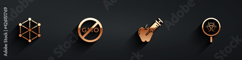 Set GMO, No, Genetically modified apple and Biohazard and magnifying glass icon with long shadow. Vector