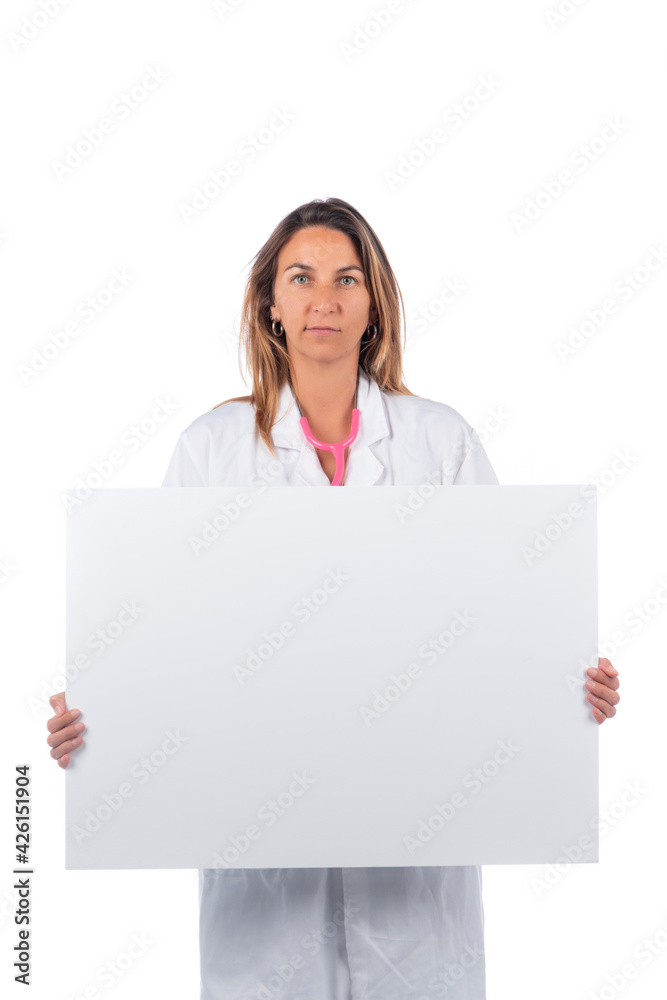 Caucasian doctor woman holding white board Caucasian doctor woman holding white board