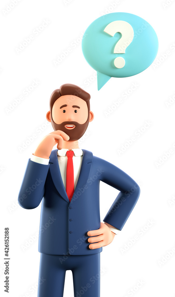 3D illustration of cute thinking man with question mark in speech bubble. Cartoon pensive businessman solving problems, feeling doubt or hesitation. Searching and finding solution concept.