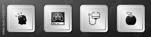 Set Man having headache, Lungs x-ray, Stethoscope and Apple icon. Silver square button. Vector