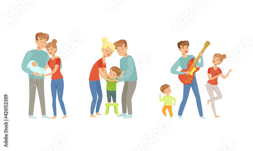 Wallpaper Mural Cheerful Family Couple Nursing and Playing with Kids Set, Parents Upbringing and Caring for their Children Cartoon Vector Illustration Torontodigital.ca