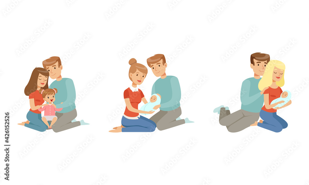 Cheerful Family Couple Nursing with Kids Set, Parents Upbringing and Caring for their Children Cartoon Vector Illustration Cheerful Family Couple Nursing with Kids Set, Parents Upbringing and Caring for their Children Cartoon Vector Illustration