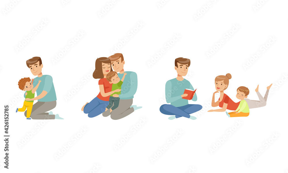 Cheerful Parents Nursing and Playing with Kids Set, Happy Parenting Concept Cartoon Vector Illustration Cheerful Parents Nursing and Playing with Kids Set, Happy Parenting Concept Cartoon Vector Illustration