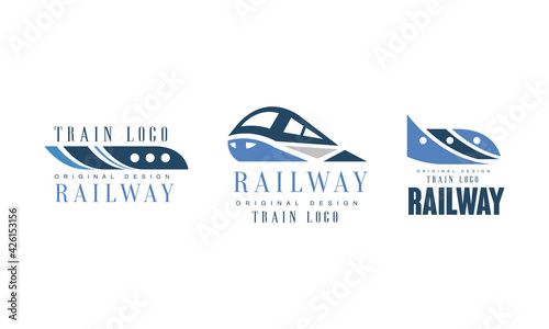 Railway Logo Original Design Templates Set  Train Railroad Transport Retro Badges Vector Illustration