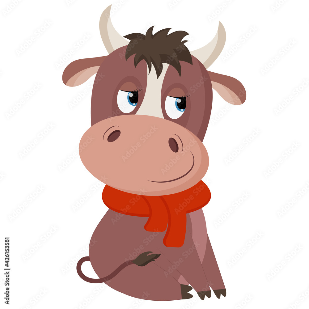 Cute cartoon bull with fur scarf. Vector illustration isolated on a white background