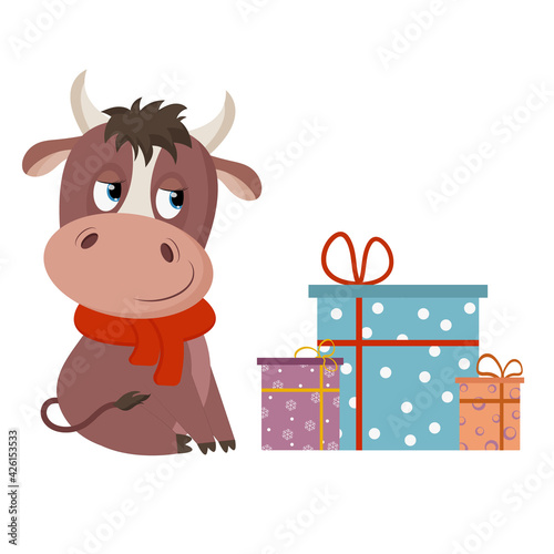 Cute cartoon bull with fur scarf and gifts. Vector illustration isolated on a white background