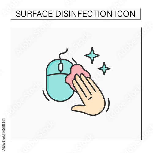 Disinfecting computer mouse color icon. Safety workplaces. Surface disinfection. Safety space and preventative measures. Preventing virus spread concept. Isolated vector illustration