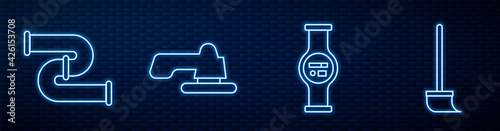 Set line Water meter, Industry metallic pipe, Water tap and Mop. Glowing neon icon on brick wall. Vector