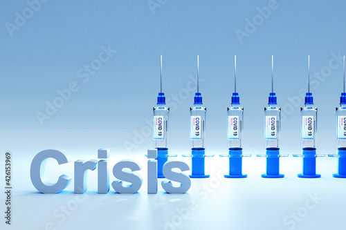 row of covid 19 sarsCov syringes with vaccine against pandemic; conceptual crisis; 3D Illustration photo