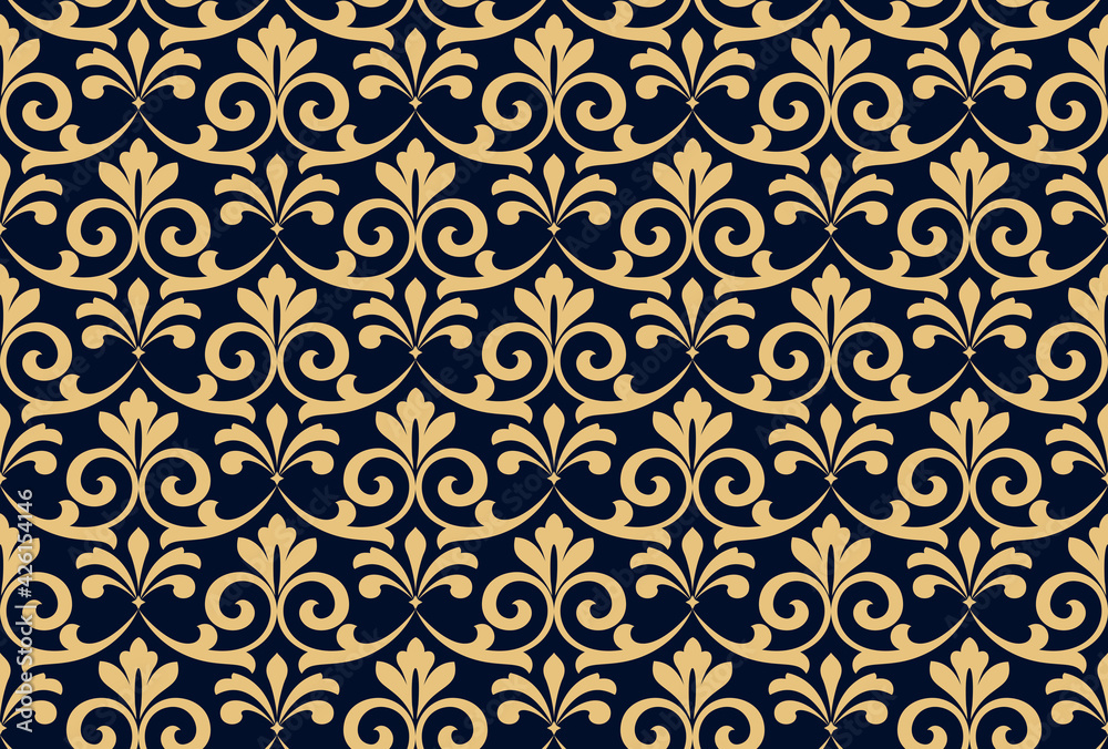 Fototapeta premium Flower geometric pattern. Seamless vector background. Gold and dark blue ornament