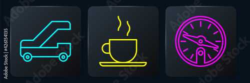Set line Passenger ladder for plane boarding, Compass and Coffee cup. Black square button. Vector