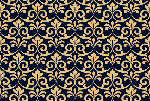 Flower geometric pattern. Seamless vector background. Gold and dark blue ornament © ELENA