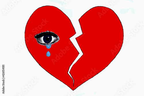 crying blue eye on a red cracked heart