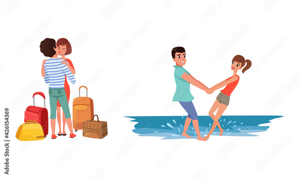 Romantic Couples Travelling on Summer Vacation Set, Happy Man and Woman Kissing and Holding Hands on the Beach Vector Illustration