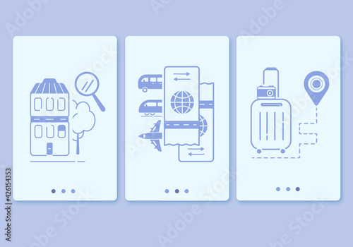 Travel identity icons for tour firm. Booking hotels. Airplane bus and train tickets. Planning vacation
