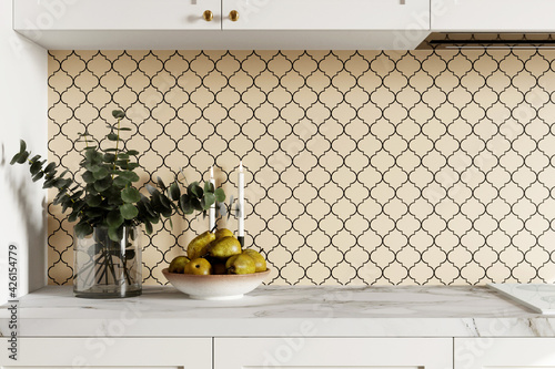 Bild auf Leinwand Kitchen interior with beige mosaic backsplash. 3d rendering