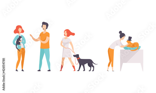 Pet Show Competition Set, Owners with Purebred Dogs and Cats Taking Part in Contest Vector Illustration