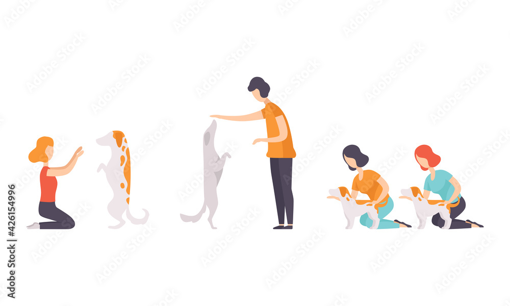 Pet Show Set, Male and Female Owners and their Purebred Dogs Taking Part in Competition Vector Illustration