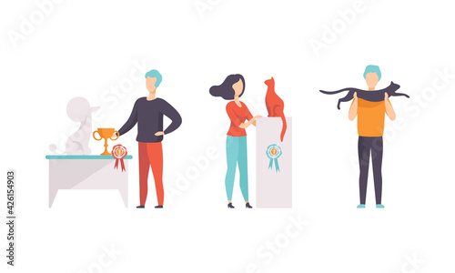 Pet Show Set, Owners and their Purebred Dogs and Cats Taking Part in Competition Vector Illustration