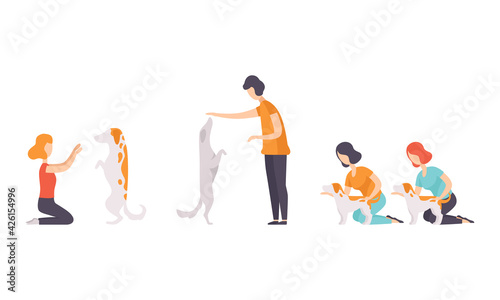 Pet Show Set, Male and Female Owners and their Purebred Dogs Taking Part in Competition Vector Illustration