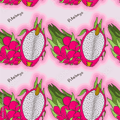 Seamless pattern with the colored  images of pitahaya in line on pink background.
Background for your design. Doodle style