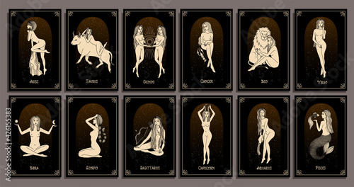 Seamless pattern - signs of the zodiac. Gold illustration of astrological signs on a dark background. Magical illustrations of women and animals in the starry sky. Naked women.