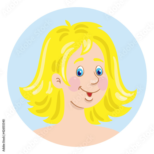 Avatar icon of a beautiful young blonde. In cartoon style. In the blue circle. Isolated on white background. Vector flat illustration