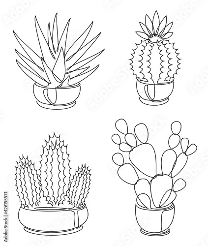 Cactus collection. Indoor potted plant in modern trendy single line style. Solid line, outline for decor, posters, stickers, logo. Vector illustration set.