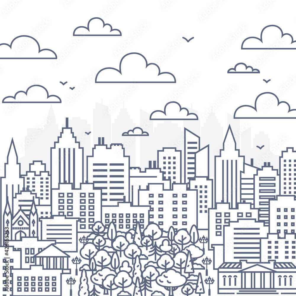 Cityscape line vector illustration - urban landscape in linear style on white background