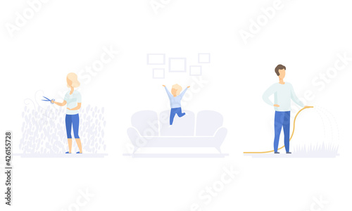 Family Lifestyle Set, Man Watering Plants with Hose and Woman Trimming Bushes in Garden, Boy Jumping on Sofa Vector Illustration