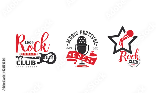Rock Club Logo Design Set, Legendary Music Festival Retro Badges Vector Illustration