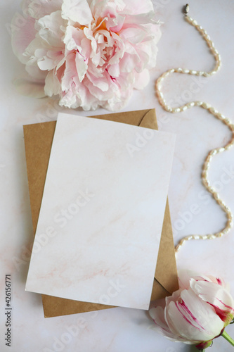 mockup greeting card. bouquet of pink peonies 
