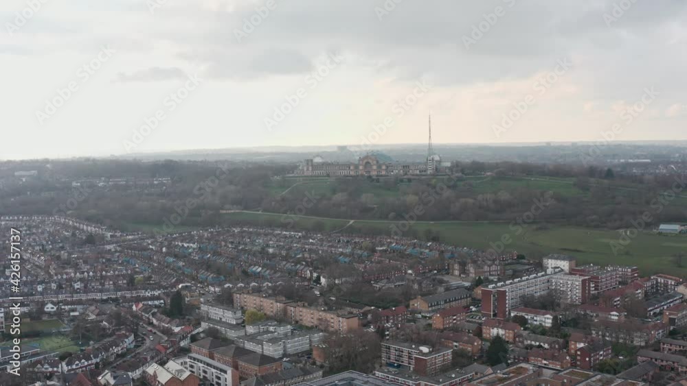 Drone shot towards Alexandra palace and grounds London Drone shot towards Alexandra palace and grounds London