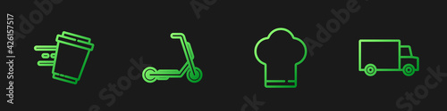 Set line Chef hat, Coffee cup to go, Scooter delivery and Fast by car. Gradient color icons. Vector
