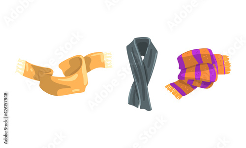Scarf Collection, Garment for Cold Weather, Knitted Scarves for Winter and Autumn Season Vector Illustration